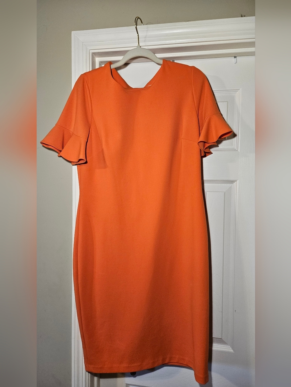 Calvin Klein Bright Orange Ruffle Sleeve Midi Dress